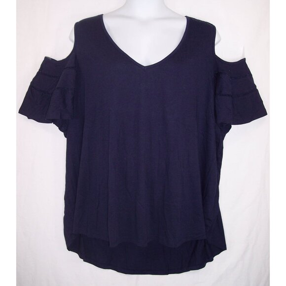 NEW Roaman's 4X 34/36 Ruffle Sleeve Top With Cold Shoulder Detail Hi Low Hem - Picture 3 of 14
